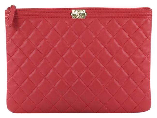 Chanel O Case Quilted Medium Red Lambskin Clutch 