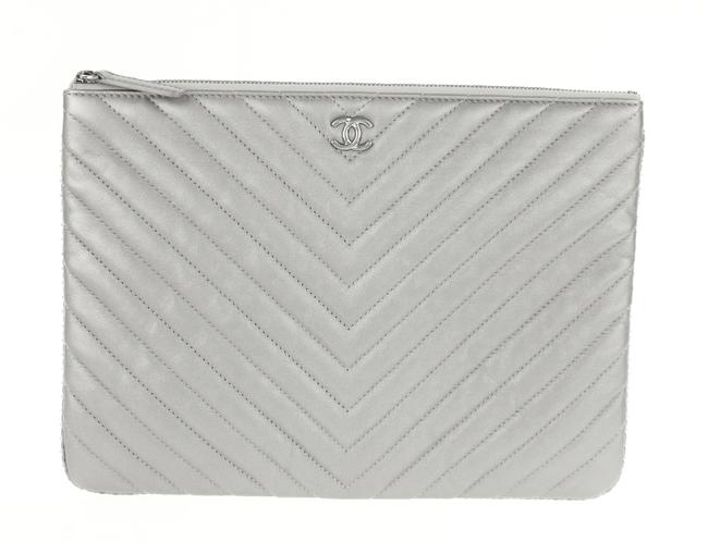 Chanel O case Silver Leather Clutch 