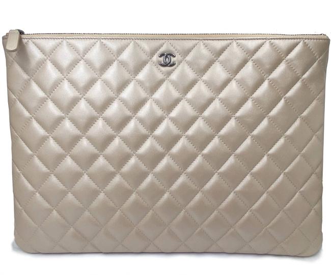 Chanel Pearly O Case Large Champagne Denim Clutch 