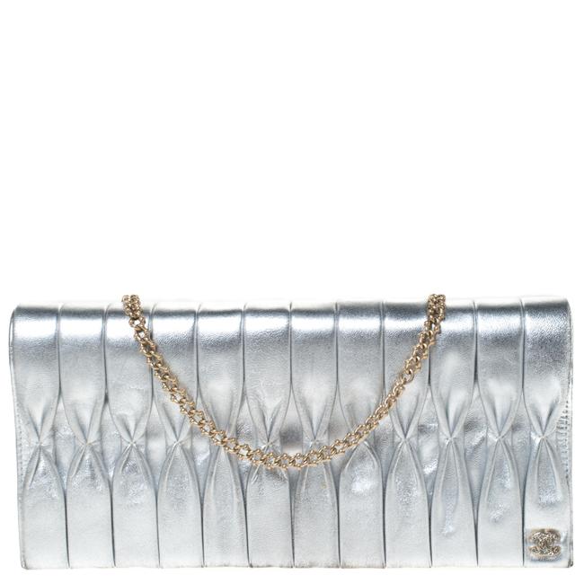 Chanel Pleated Chain Silver Leather Clutch 