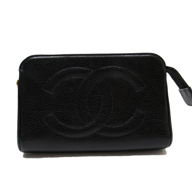 Chanel Pouch Multi Case Coco Mark Gold Skin Women Black Caviar Leather Clutch 