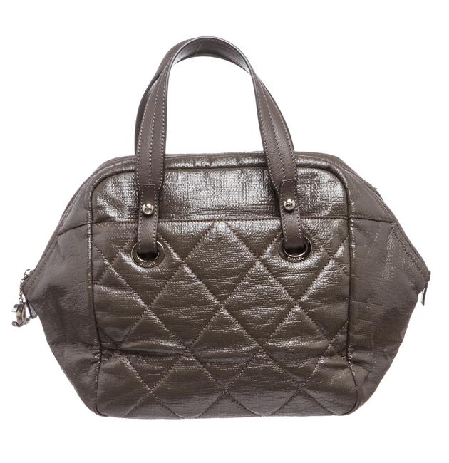 Chanel Quilted Bowling Handbag Gray Vinyl Satchel 