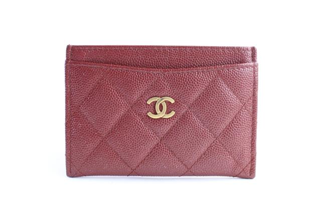 Chanel Quilted Caviar Cc Card Holder Dark Red Leather Clutch 