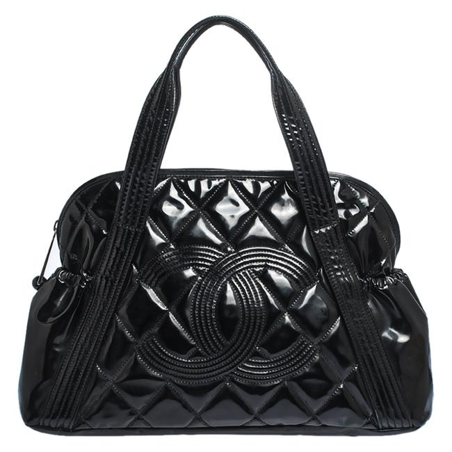 Chanel Quilted Cc Bowler Black Patent Leather Satchel 