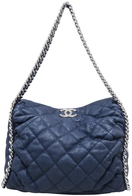 Chanel Shoulder Quilted Chain Around Navy Calfskin Leather Hobo Bag 