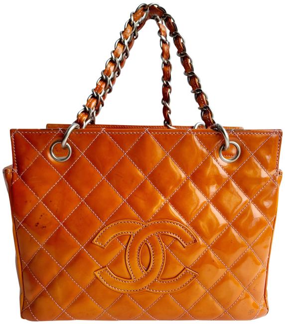 Chanel Quilted Chain Hand Orange Patent Leather Satchel 