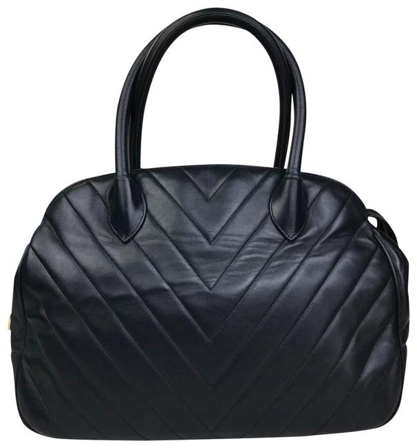 Chanel Quilted Chevron #27407 Black Lambskin Leather Satchel 
