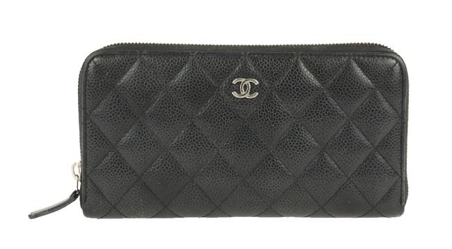 Chanel L Quilted L gusset Zip Around Black Leather Clutch 