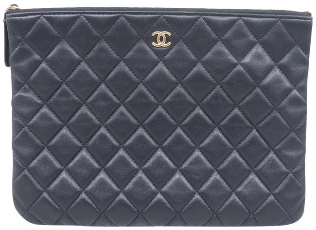 Chanel Quilted O case Black Lambskin Leather Clutch 