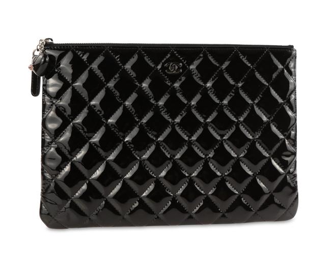 Chanel Quilted O Case Black Patent Leather Clutch 