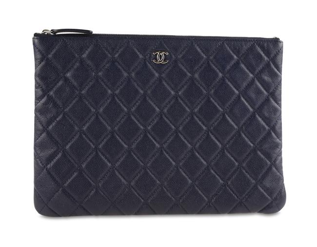 Chanel Quilted O case Navy Caviar Blue Calfskin Leather Clutch 