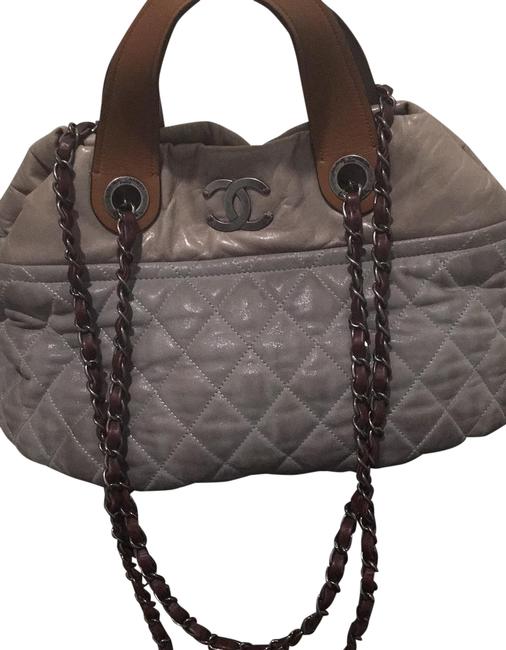 Chanel Quilted Smoky gray and Tan Leather Hobo Bag 