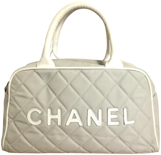 Chanel Quilted Sports Mini Boston Handbag Grey Canvas Satchel 