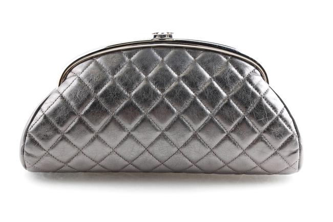 Chanel Quilted Timeless Aged Silver Calfskin Leather Clutch 