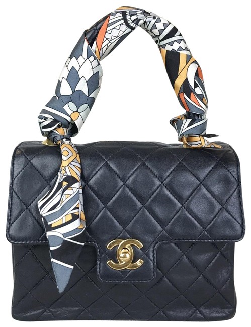 Chanel Quilted Top Handle Navy Blue Lambskin Leather Satchel 