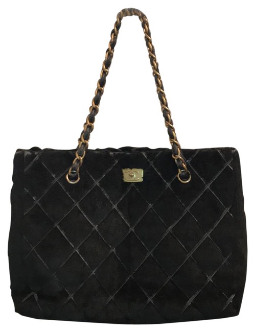Chanel Quilted Tote Handbag Black Fur Satchel 