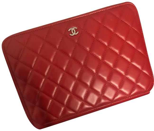 Chanel Quilted Travel Wallet Red Lambskin Leather Clutch 