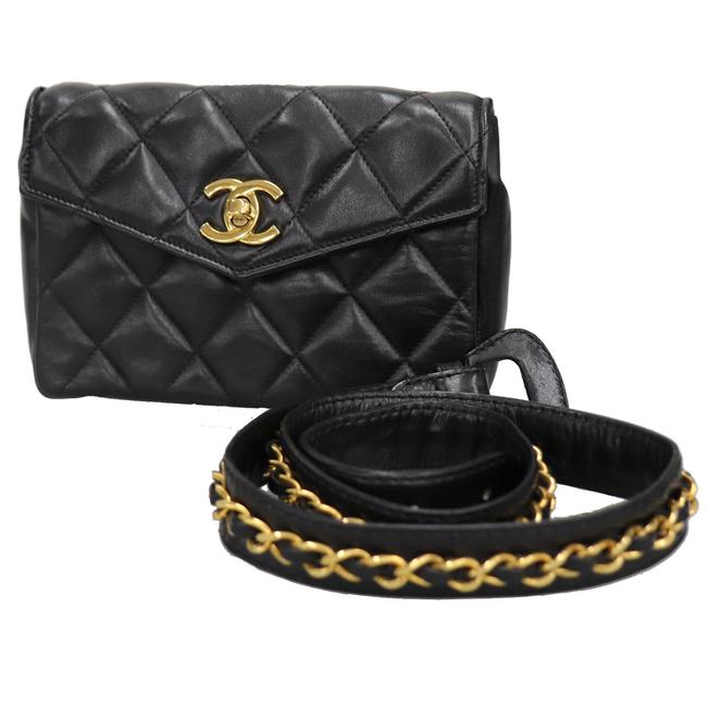 Chanel Bum bag Rare Quilted Waist Fanny Pack Black Lambskin Leather Clutch 