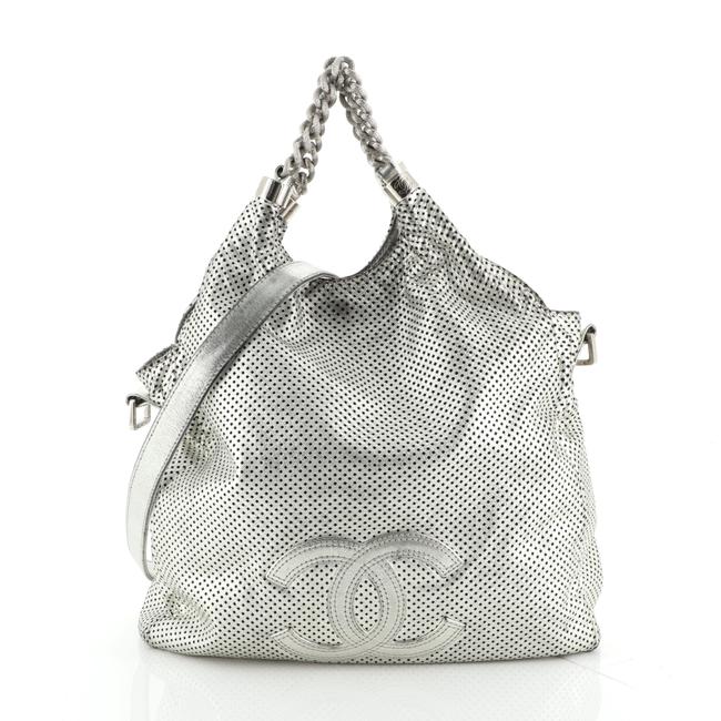 Chanel Rodeo Drive Perforated Large Metallic Silver Leather Hobo Bag 