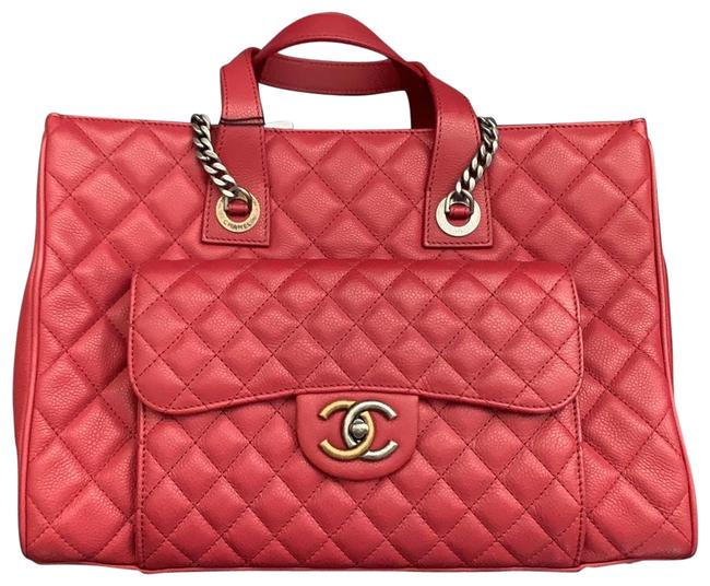 Chanel Bag Shopping Tote Quilted Ruthenium Large Red Leather Satchel 
