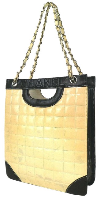 Chanel Shoulder Bag Choco Bar Chain Strap Ivory Black Leather Enamel Satchel 