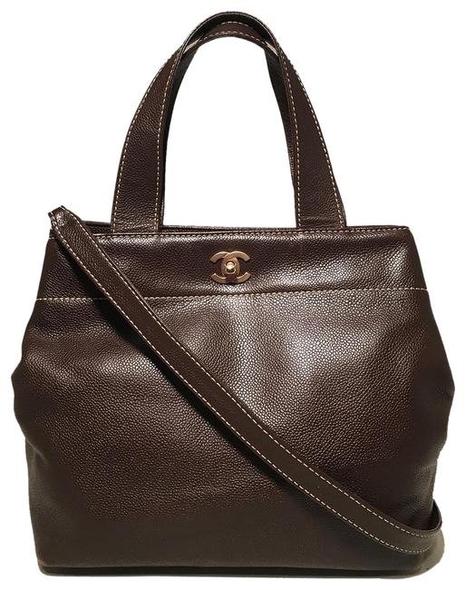 Chanel Shoulder Bag Dark Top Handle Tote Brown Caviar Leather Satchel 