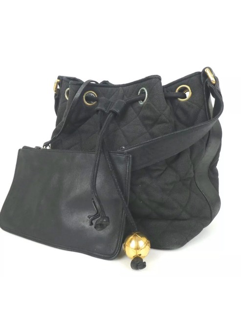 Chanel Shoulder Drawstring Black Canvas Hobo Bag 