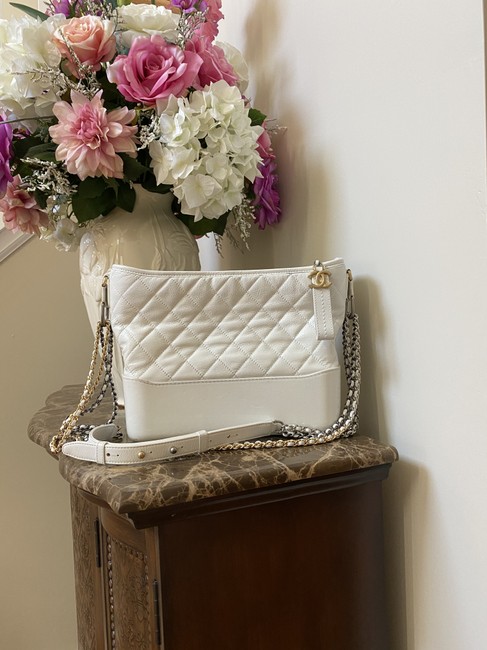 Chanel Shoulder Gabrielle Gold Silver White Calfskin Leather Hobo Bag 