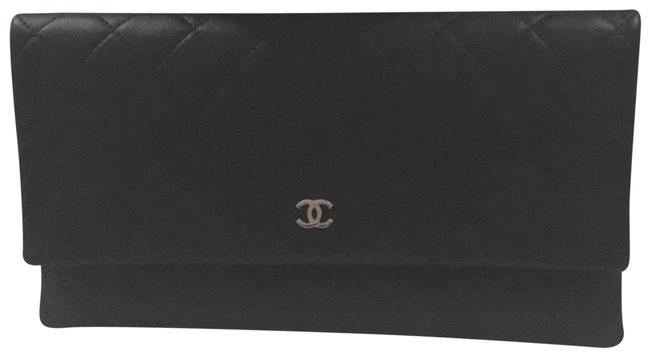 Chanel Silver Cc Logo Black Quilted Lambskin Clutch 