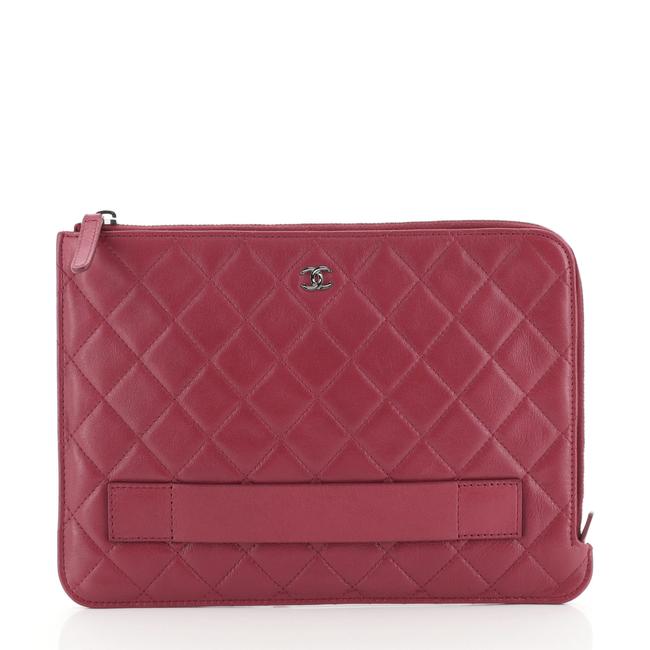 Chanel Slide Zip Pouch Quilted Lambskin Small Red Leather Clutch 