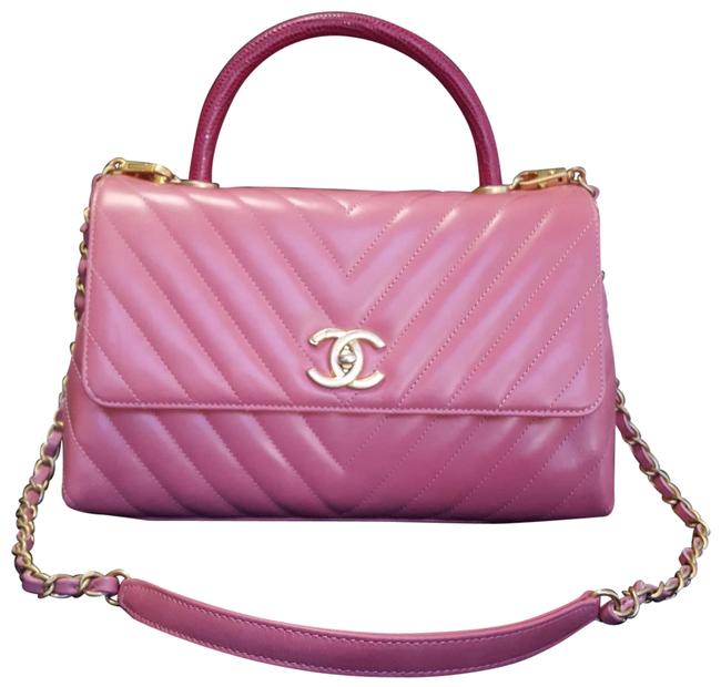 Chanel Small Chevron Coco In Lizard Handle Tea Rose Calfskin Leather Satchel 