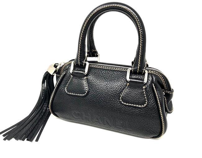 Chanel Lax Handbag with Tassel Silver Cc Cube Detail Black Pebbled Leather Satchel 