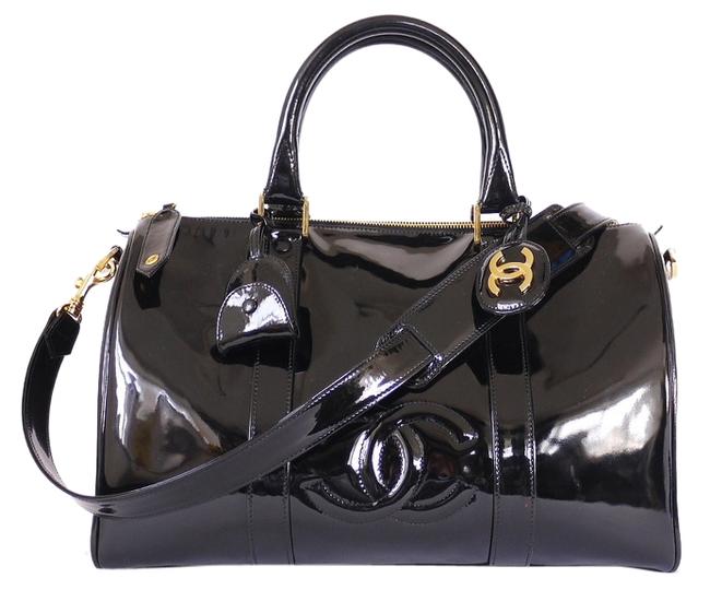 Chanel Duffle Bag Speedy Carry on Black Patent Satchel 
