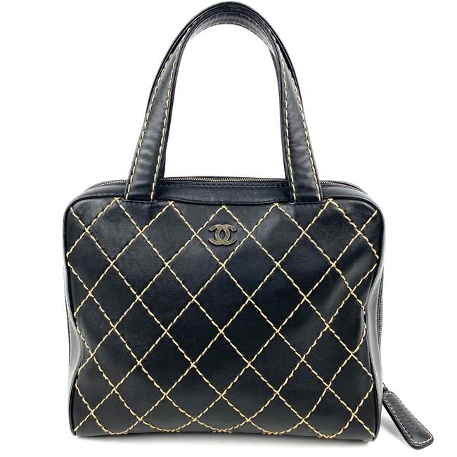 Chanel Surpique Bowler Black Calfskin Leather Satchel 