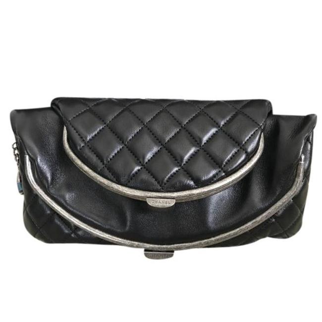 Chanel Tabatiere Kisslock Quilted Foldover Black Lambskin Leather Clutch 
