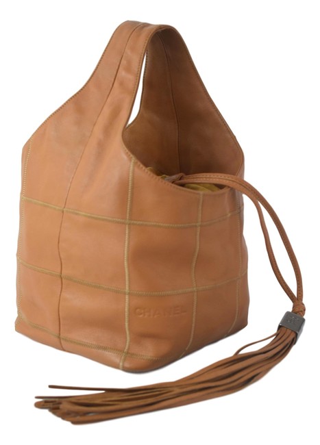 Chanel Bucket Bag Tassel Beige Leather Satchel 