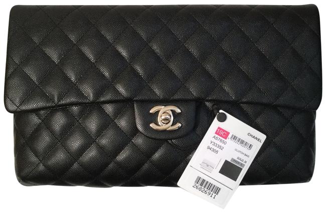 Chanel Timeless Classic Quilted Black Caviar Leather Clutch 