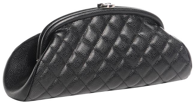 Chanel Timeless Quilted Kisslock Silver Hardware Black Caviar Leather Clutch 