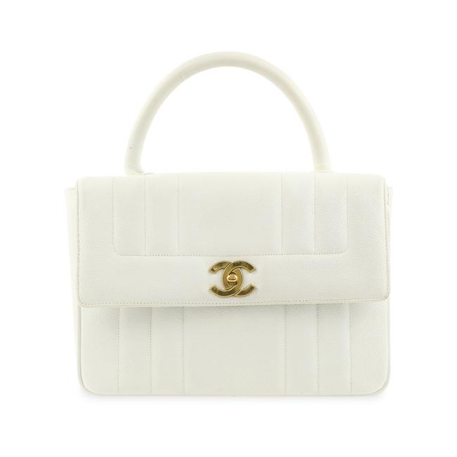 Chanel Top Handle Flap White Leather Satchel 