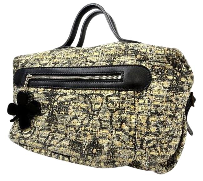Chanel Tweed Cc Camellia Boston 211204 Black X Beige Leather Satchel 