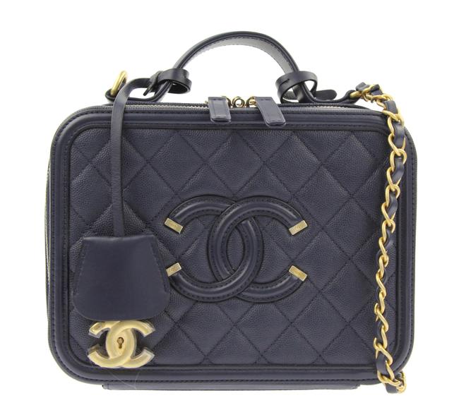 Chanel Vanity Case Filigree Navy Leather Satchel 