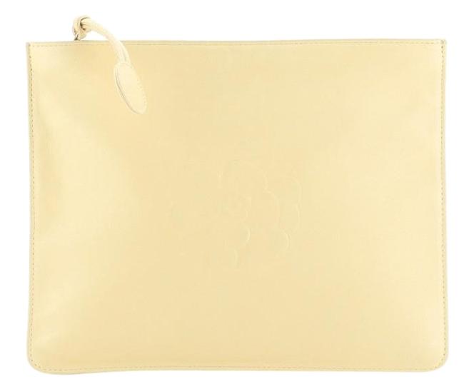 Chanel Vintage Camellia Lambskin Medium Neutral Leather Clutch 