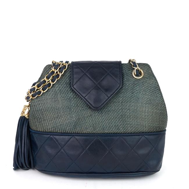 Chanel Vintage Chain Woven Raffia and Lambskin Blue Leather Satchel 