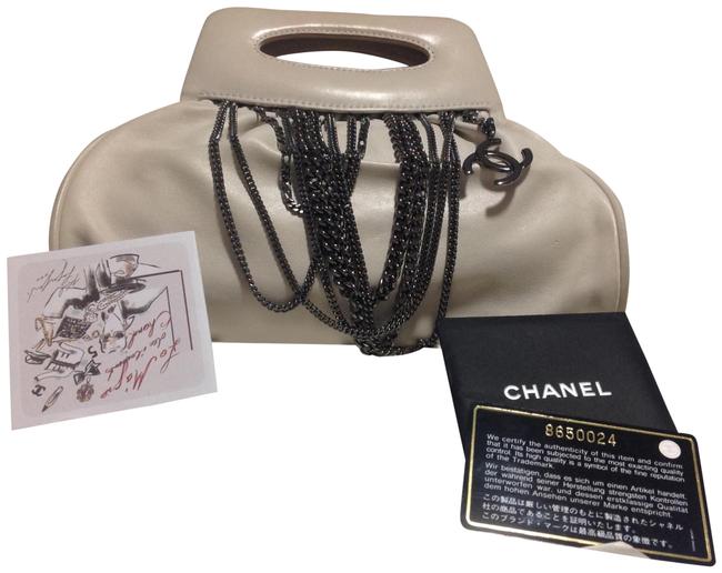 Chanel Vintage Multi Chain Top Handle Beige Lambskin Leather Clutch 