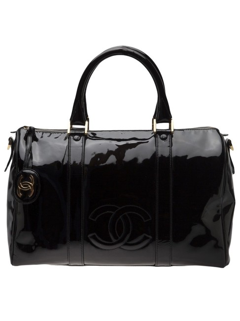 Chanel Duffle Bag Vintage Small Boston Black Patent Leather Satchel 