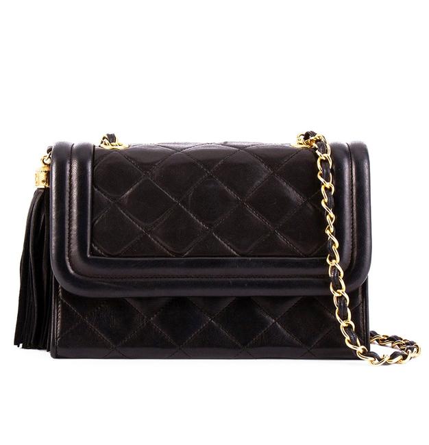 Chanel Vintage Small Tassel Single Flap Black Lambskin Cross Body Bag 