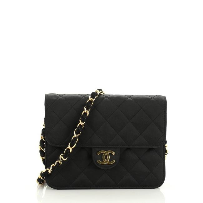 Chanel Vintage with Chain Quilted Small Black Satin Clutch 