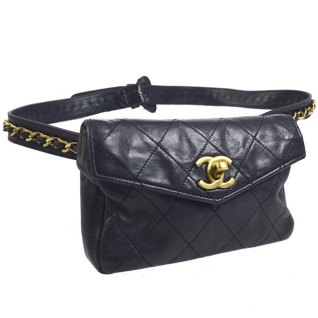 Chanel Waist Bag Mini Quilted Bum Fanny Pack Navy Leather Clutch 
