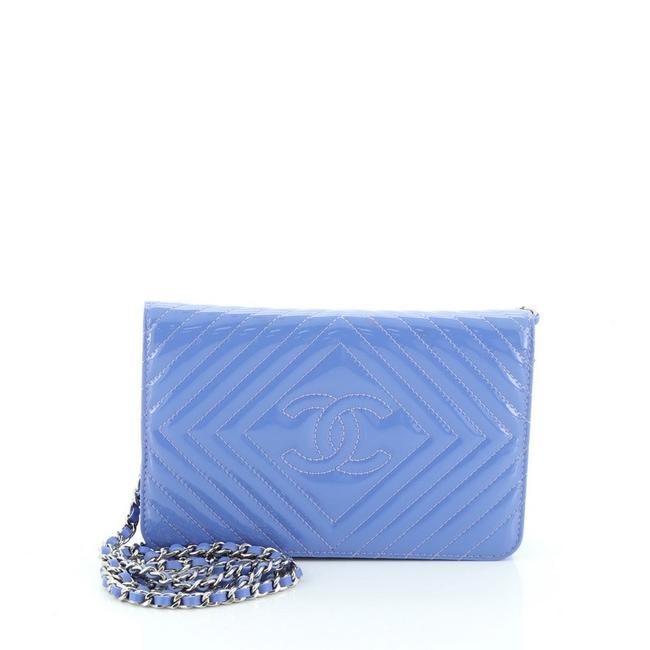 Chanel Wallet on Chain Diamond Cc Chevron Patent Blue Leather Clutch 