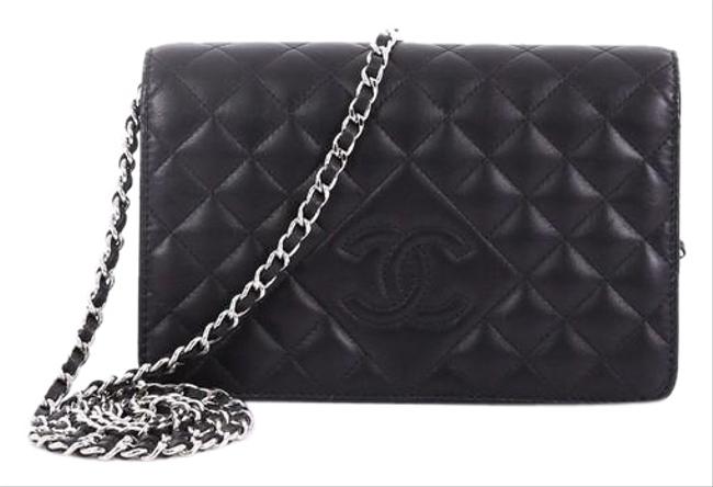 Chanel Wallet on Chain Diamond Cc Quilted Black Lambskin Leather Clutch 